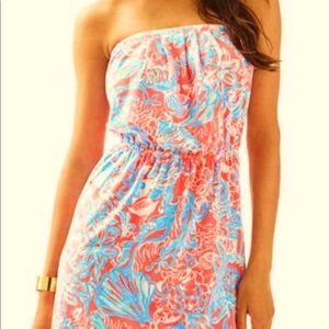 Lilly Pulitzer Coral and Aqua Strapless Printed Maxi Dress